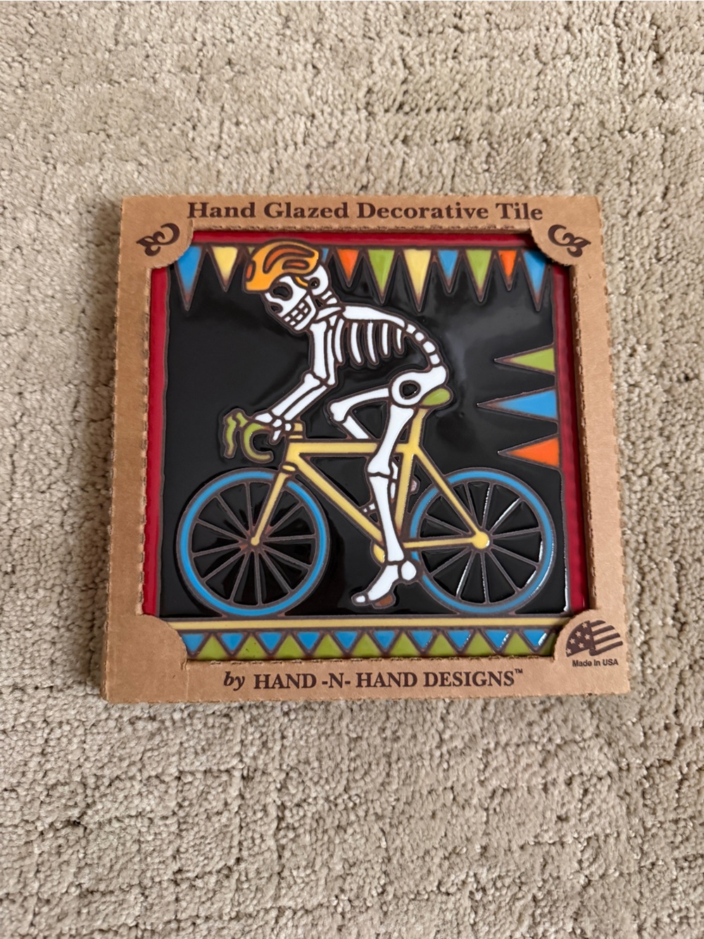 HAND -N- HAND Designs Hand-Glazed Decorative Tile - Skeleton Bicyclist (Black)